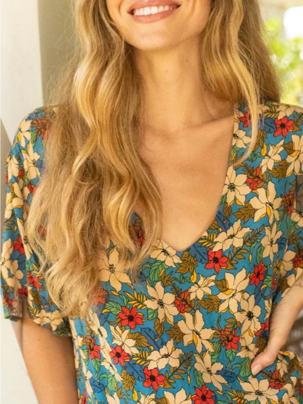 NATURAL LIFE Blue Floral Midi Dress with Cream & Red Flowers